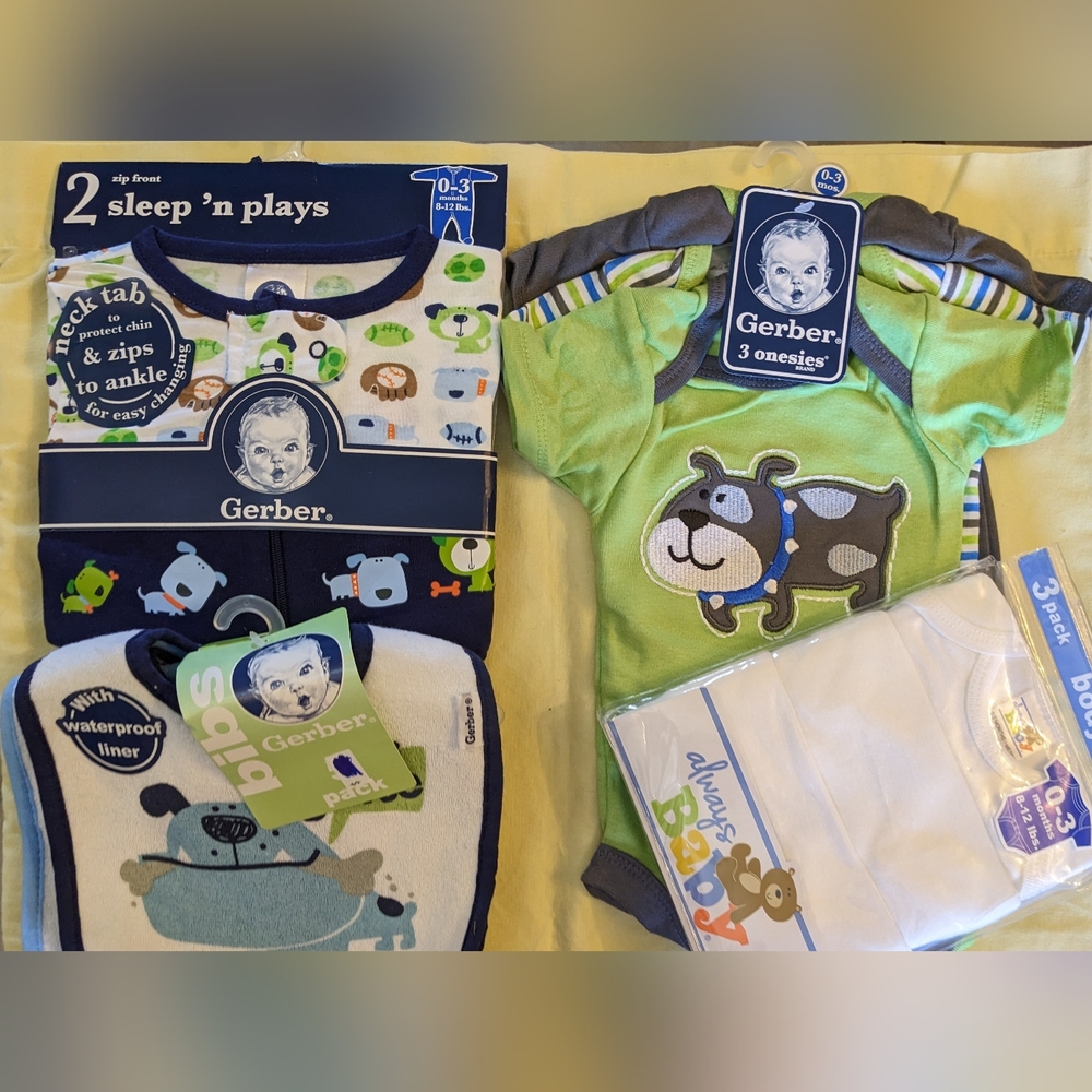 Gerber Baby Boy Bundle Onesies Sleep N Play Bibs 0-3 Months New Puppy Dog T18MIS